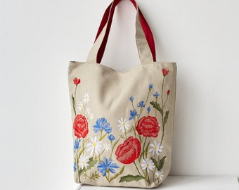 Floral tote bag with zipper, Wildflower bag, Zippered tote bags women, Summer shoulder bag, Gift for sister, Embroidery gift, Beach tote bag