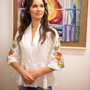 Linen wrap top, Embroidered blouse Vyshyvanka, Ukrainian blouse, Ruffle blouse with embroidered sleeves, Floral pattern, Slavic shirt