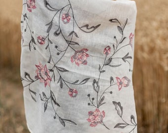 Embroidered linen boho scarf for women, Long linen scarf with floral embroidery, Boho style, Ukrainian gift, Summer scarf, Birthday gift