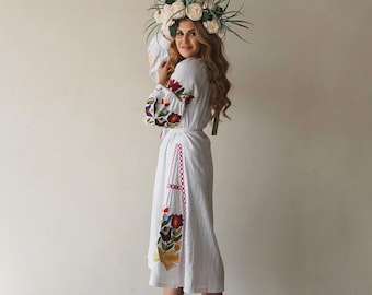 Boho white midi dress Vyshyvanka, Embroidered dress for women wedding guest, Floral embroidered dress, Ukrainian traditional dress