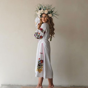 Boho white midi dress Vyshyvanka, Embroidered dress for women wedding guest, Floral embroidered dress, Ukrainian traditional dress