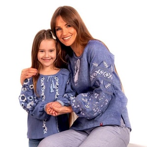 Blue embroidered blouse, Linen blouse Vyshyvanka, Traditional linen shirt for women, Ukrainian blouse with flower embroidery on sleeves