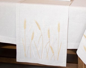Rustic table runner with harvest embroidery, Embroidered table runner, Farmhouse table decor, Linen napkins with embroidery, Centerpiece