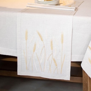 Rustic table runner with harvest embroidery, Embroidered table runner, Farmhouse table decor, Linen napkins with embroidery, Centerpiece