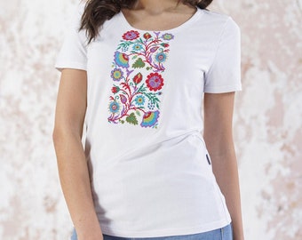 Mexican t-shirt botanical embroidery, Floral embroidered top, Women's embroidered blouses women, embroidered tshirt women, Embroidery tshirt