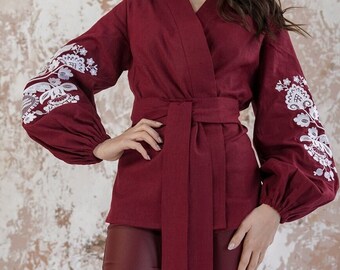 Red wrap blouse, Romanian traditional blouse, Edwardian blouse, Embroidered linen blouse,