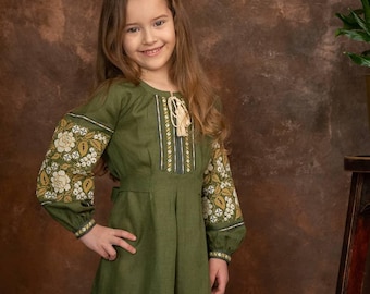 Linen slavic dress for girls, Green embroidered dress, Embroidered Ukrainian dress, Traditional cultural dress for girl, Summer dress