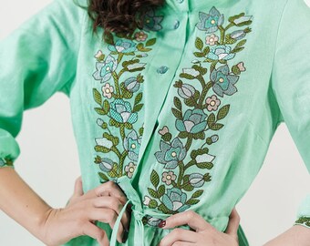 Mint green dress women, Ruffle linen dress, Retro linen dress, Floral embroidered Dress, Wedding guest dress, Button down dress with pockets