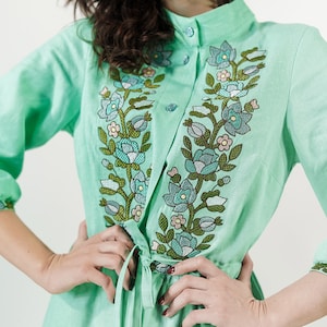 Mint green dress women, Ruffle linen dress, Retro linen dress, Floral embroidered Dress, Wedding guest dress, Button down dress with pockets
