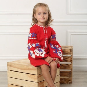 Linen flower girl dress, Baby linen dress in red, Embroidered linen dress for kids, Folk dress, Slavic dress for girls, Birthday gift
