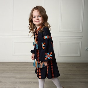 Vyshyvanka for girl, Navy linen dress for girls, Ukrainian vyshyvanka for kids, Embroidered dress, Ukrainian dress for girl, Christmas gift