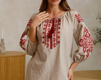 Embroidered cotton batiste blouse, Ukrainian folk blouse, Boho peasant top with red floral embroidery, Vyshyvanka style women's shirt