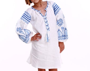 Ukrainian Vyshyvanka White Girl Dress, Embroidered linen dress for girls, White girls boho dress, Linen girls tunic,Rustic floral girl dress