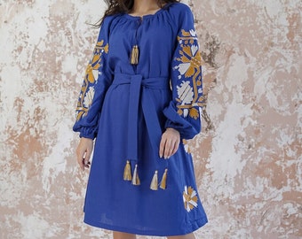 Ukrainian dress, Linen dress, Emnroidered dress for women, Ukraine dress with belt, Slavic dress, Unique dress, Ukrainian folk dress