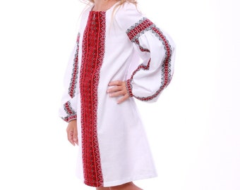 Kids Vyshyvanka, Traditional dress girl, Embroidered Ukrainian dress with long puffed sleeves, Kids clothes, Cotton dress, Gift for girls