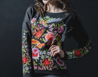 S-4XL,Embroidered floral Sweatshirt for Women,Bird embroidery,Ukrainian Sweatshirt,Flowers,Sweater,Jumper,Plus size,Long sleeve,Gift for her