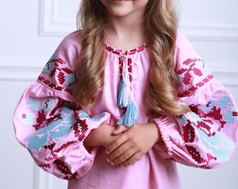 Pink folk dress, Ukrainian traditional dress for girls, Ukrainian dress for girls, Slavic dress for girls, Embroidered dress, Vyshyvanka