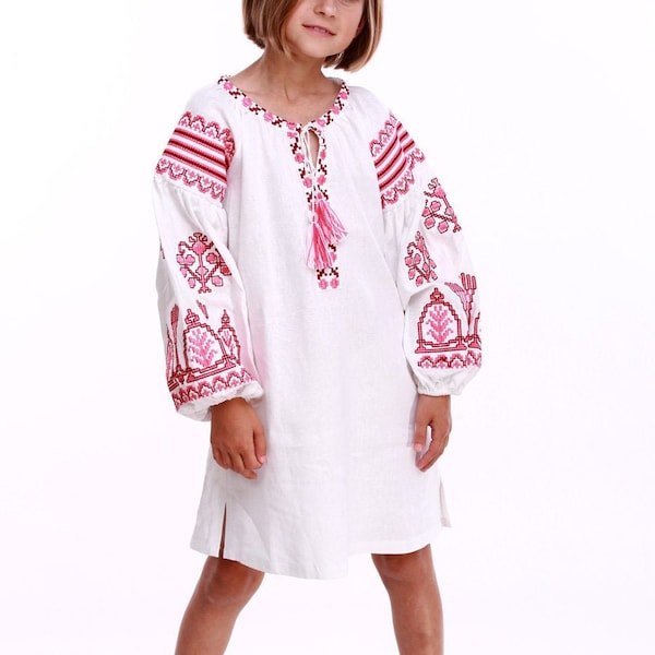 Kids embroidered vyshyvanka dress for little girl, Floral dress for kid girl, Ethno folk Modern girls tunic, Ukrainian traditional slavic