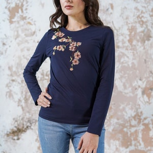 Cherry blossom t shirt long sleeve, Women&#39;s t shirt flower embroidered tshirt women, Floral top, Japanese embroidery blouses for women