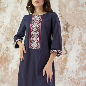 Navy linen dress sleeves, Embroidered linen dress, Navy blue dress for women, Navy blue bridesmaid dress, Deep blue dress with embroidery