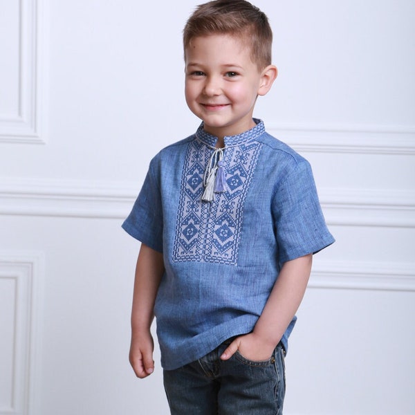 Blue linen vyshyvanka for boy, Traditional linen embroidered t-shirt with short sleeves, Ukrainian shirt for toddler, Baby ukrainian shirt