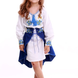 Ukrainian folk costume for girls, Floral ethnic dress for girls, Embroidered dress and skirt, Belt with flower embroidery, Folk costume