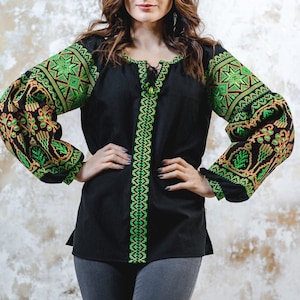 Women&#39;s organic linen embroidered top,Romanian blouse,Edwardian blouse,Green Embroidery,Black boho Ukrainian Vyshyvanka,Birthday gift