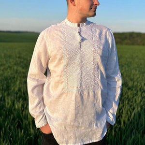 Embroidered white linen shirt, Men&#39;s vyshyvanka, Traditional ukrainian shirt, White on white embroidery slavic shirt, Holiday shirt for men