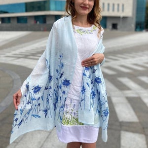 Blue linen scarf, Floral embroidered scarf shawl wrap, Infinity embroidery shawl for women, Organic linen shawl with flowers, Christmas gift