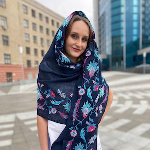 Embroidered linen scarf women, Floral embroidery linen scarf, Navy linen scarf, Wide long scarf with flowers, Lightweight summer shawls