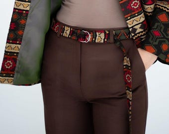 Ethnic jacquard belt with metal buckle for women, Boho woven waist belt, Statement dress belt, Folk fashion accessory, Long tie belt