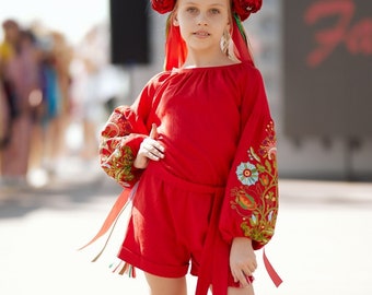 Kids linen jumpsuit, Girl's linen romper, Embroidered linen overalls, Red linen jumpsuit for a girl, Gift for baby, Birthday gifts