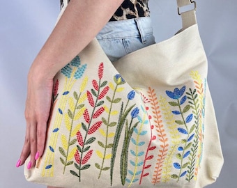Large fabric cross body bags for women, Embroidered bags, Fabric crossbody bag with botanical embroidery, Gift for mother, Christmas gift