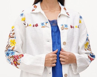 White linen jacket, Linen kimono jacket, Floral linen cardigan for summer, Floral embroidered jacket, Linen embroidery blazer, Gift for wife
