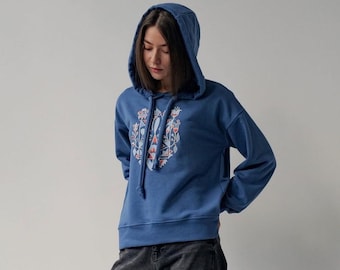 Ukrainian embroidery hoodie, Blue embroidered hoodie for women with floral trident embroidery, High-quality ukrainian sweatshirt