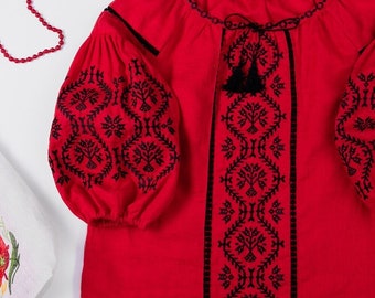 Red linen embroidered women blouse with ukrainian tree of life embroidery, Linen red peasant blouse, Ukrainian traditional blouse