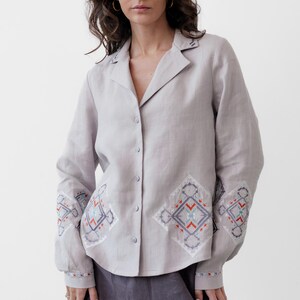 Ukrainian blouse, Linen peasant blouse for women, Gray embroidered shirt, Traditional slavic blouse, Embroidered romanian long sleeve shirt
