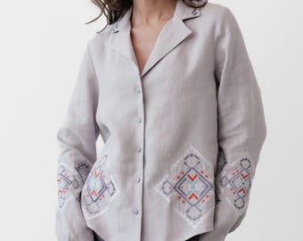 Ukrainian blouse, Linen peasant blouse for women, Gray embroidered shirt, Traditional slavic blouse, Embroidered romanian long sleeve shirt