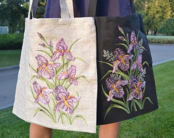 Linen canvas bag, Linen tote bag, Shopping Bag, Floral Tote Bag, Embroidered Bag, Reusable Shopper, Embroidered Tote Bag in Black and Gray