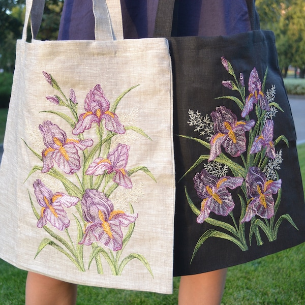 Linen canvas bag, Linen tote bag, Shopping Bag, Floral Tote Bag, Embroidered Bag, Reusable Shopper, Embroidered Tote Bag in Black and Gray