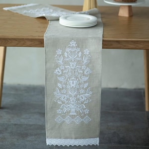 May include: A beige linen table runner with white embroidered floral design and lace trim. The runner is on a wooden table with a stack of white plates.