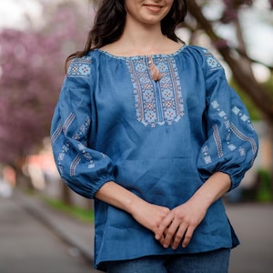 Blue boho peasant blouse, Linen peasant blouse for women, Embroidered linen shirt, Festive ukrainian vyshyvanka,Traditional ukrainian blouse