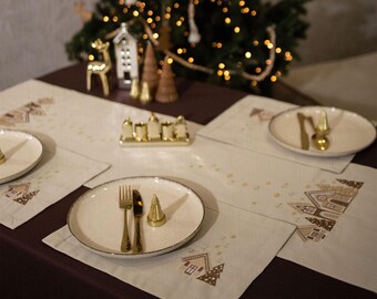 Winter table runner, Embroidered Christmas table runner with napkins and centerpiece, Winter decor for table, Snowflake & Xmas tree pattern