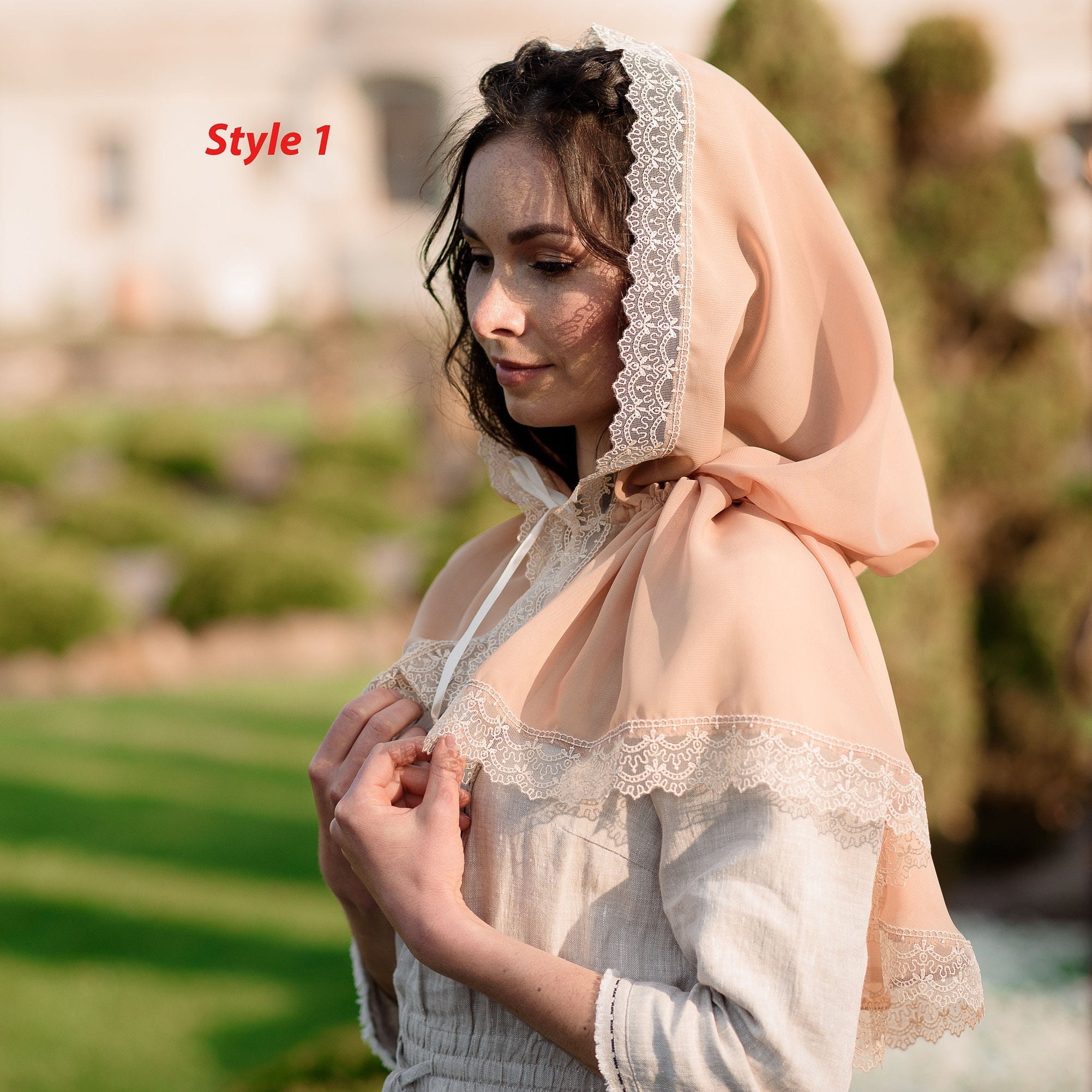 Orthodox Veil, Brown Catholic Mass Veil, Hooded Montilla Veil for
