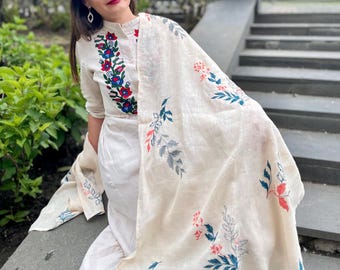 Large summer linen scarf, Floral embroidered scarf for women, Linen accessories, Ivory wedding scarf with botanical embroidery, Gift for mom