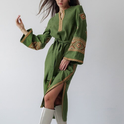 khaki embroidered dress Whispered Garden Embroidered Midi Dress