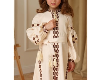 Girls embroidered linen cotton dress, Ukrainian vyshyvanka dress for toddler & kids, Traditional folk dress with belt, Beige boho dress