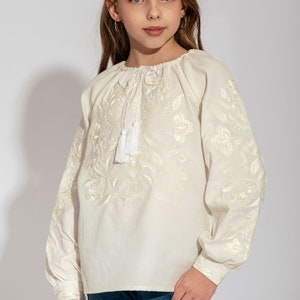 Girl peasant vyshyvanka blouse, Ukrainian linen shirt for kids, Embroidered blouse for girls, Festive top with long sleeves, Birthday gift Milky embroidery