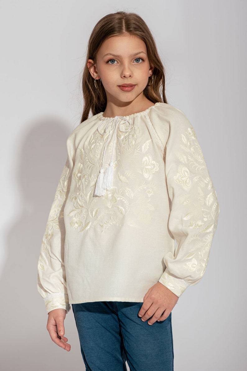 Girl peasant vyshyvanka blouse, Ukrainian linen shirt for kids, Embroidered blouse for girls, Festive top with long sleeves, Birthday gift Milky embroidery