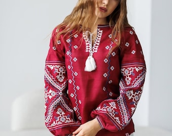 Red bohemian blouse, Linen peasant blouse, Ukrainian blouse with traditional folk embroidery on long sleeves, Slavic clothing, Birthday gift